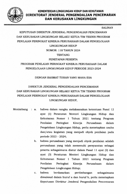 SK 118 Tahun 2024 Penetapan Peserta PROPER 2024