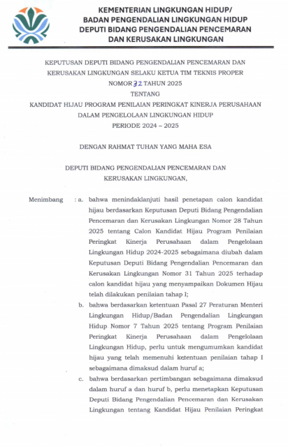 SK 32 Tahun 2025 Kandidat Hijau PROPER 2025