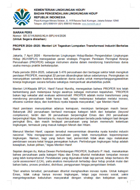 SIARAN PERS Nomor: SR.57/HUMAS/KLH-BPLH/4/2026