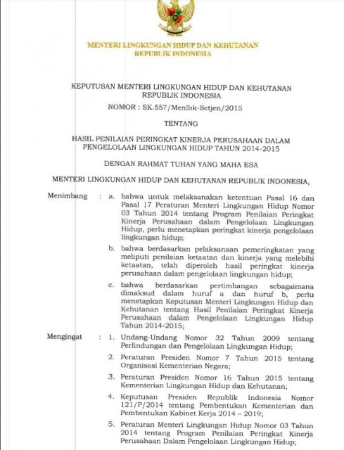 SK MENLHK 557-2015 Peringkat PROPER