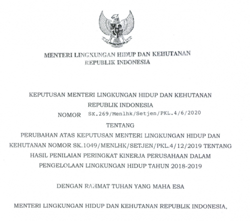 SK 269 MENLHK ADENDUM PERINGKAT PROPER 2018-2019