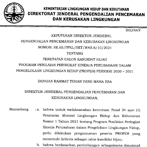 Adendum Penetapan Calon Kandidat Hijau PROPER 2020 - 2021